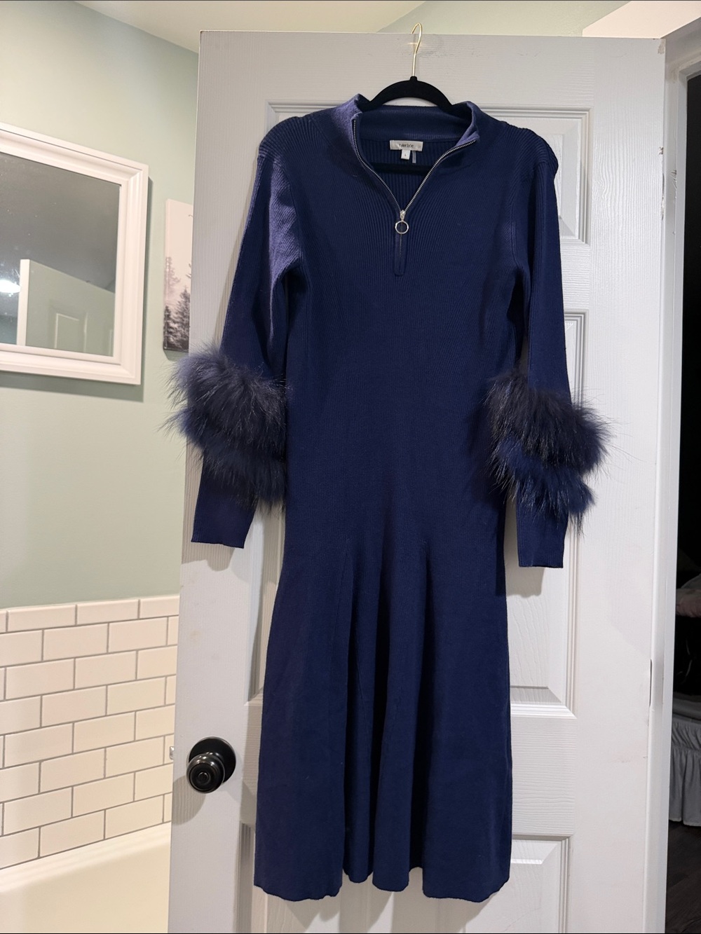 Tyler Boe Navy Knit Midi Dress with Raccoon -Fur Cuffs